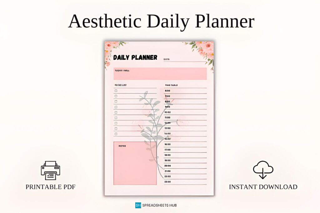 daily aesthetic printable planner in pink floral design with hourly schedule and to-do list