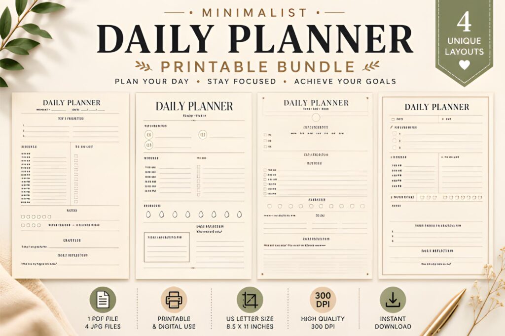 minimalist neutral daily planner printable bundle with gratitude journal and water tracker