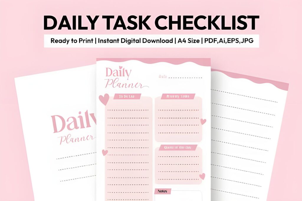 cute pink daily planner printable A4 with heart accents, priority tasks and quote of the day