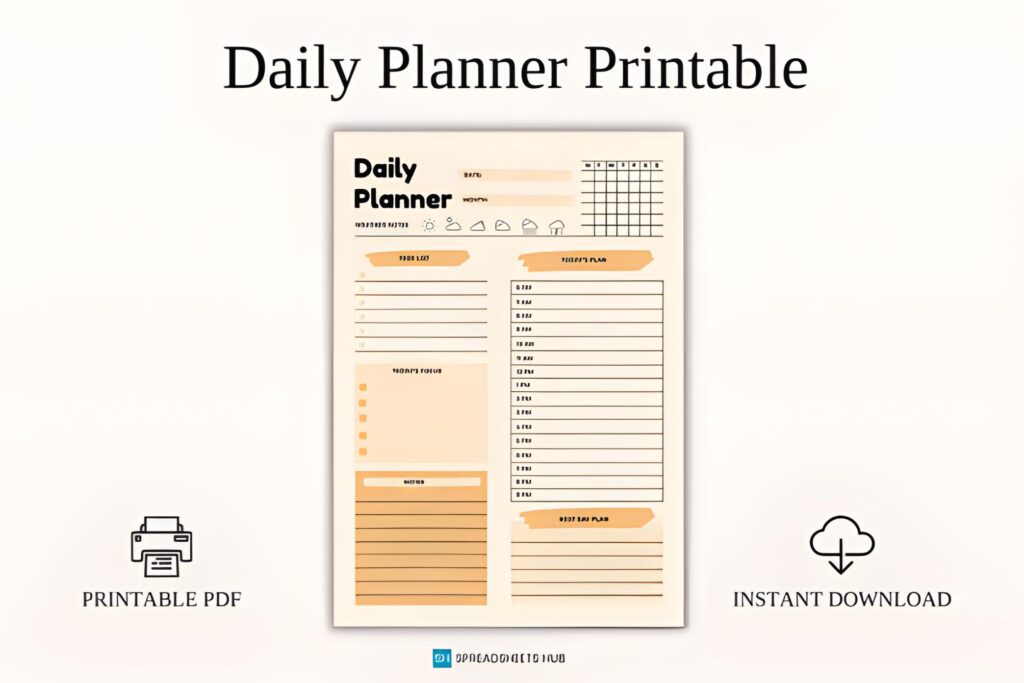 warm beige daily aesthetic printable planner PDF with hourly time blocks and mini monthly calendar