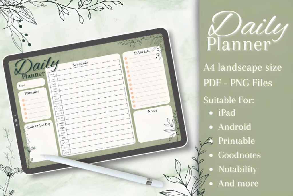 sage green aesthetic daily planner printable PDF with schedule and to-do list
