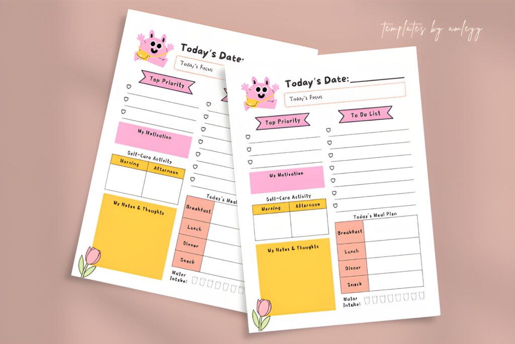 cute aesthetic kawaii pastel daily planner page for productivity and morning routine