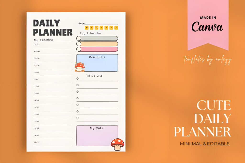 bright kawaii cute daily planner printable with priorities, schedule and notes