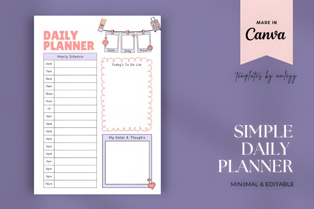 cute pastel kawaii daily planner template with to-do list, editable in Canva