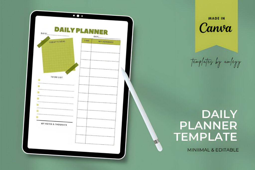 aesthetic green grid printable daily planner template with hourly schedule and today's goal