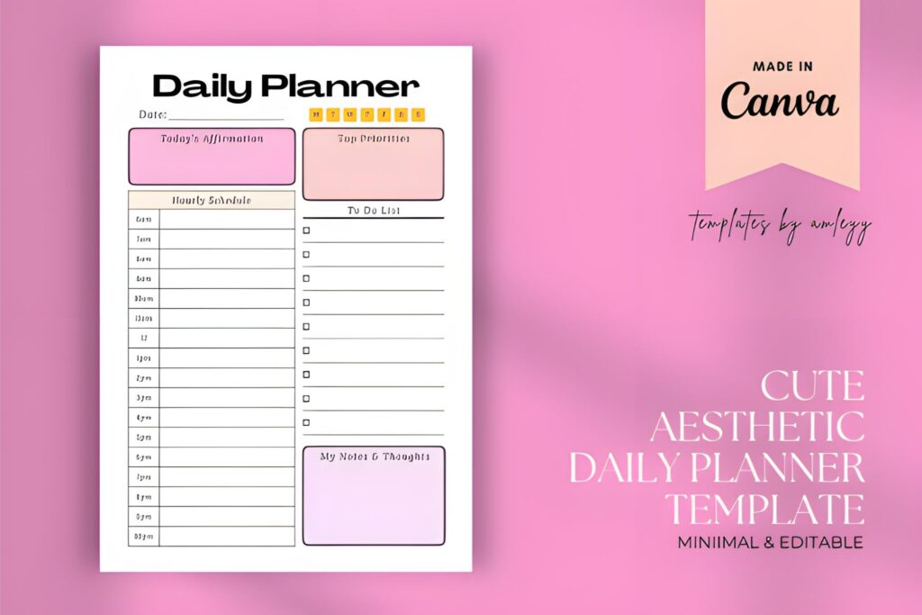 cute minimalist daily planner template in A4 and US Letter, printable and digital