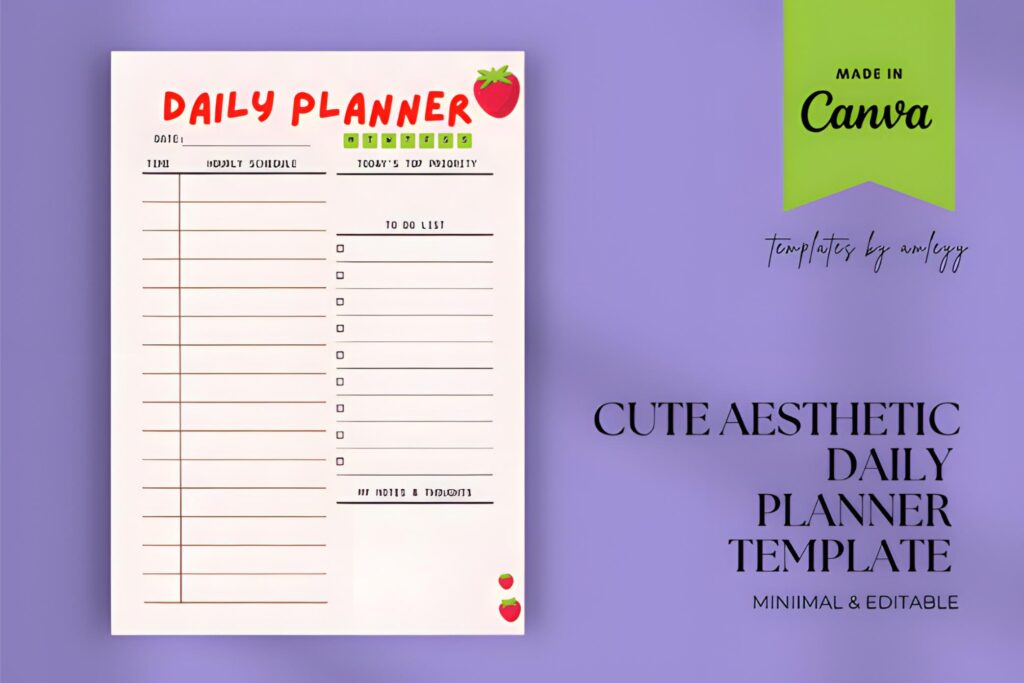 free cute aesthetic daily planner template printable with pastel minimalist layout